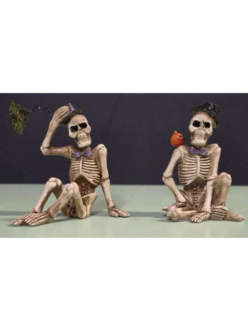 Halloween Skeleton Figurines Set of 2 Top Hat Pumpkin Bat Resin Decor